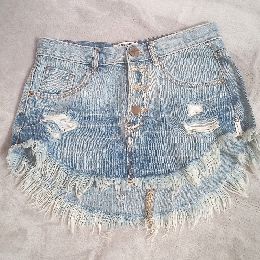 Boho One Teaspoon 4040 Denim Skirt Fringe Distressed 25